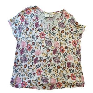 Rachel Zoe Top Women's 2X Multicolor Wildflower Floral Linen Short Sleeve V Neck